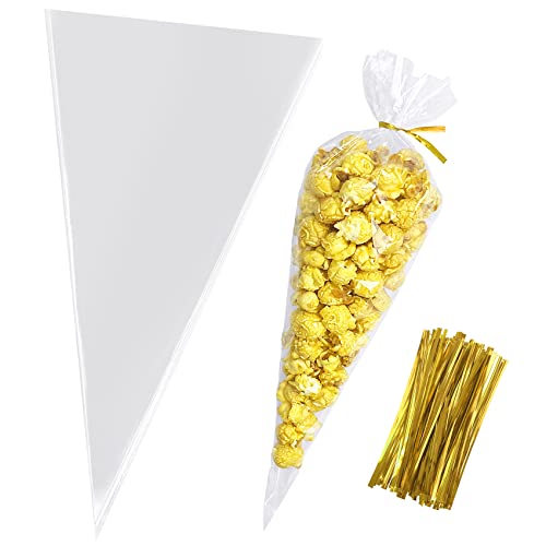 Cone Shaped Treat Bags, 7x15 Inches Clear Cone Shaped Cellophane Treat Bags, Cone Triangle Plastic Bags for Treats, Popcorn Favor, Candy,100Pieces