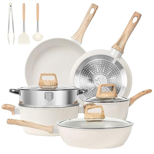 Pots and Pans Set Non Stick, 12 Pcs Kitchen Cookware Sets Induction Cookware Granite Cooking Set with Frying Pans, Saucepans, Steamer Silicone Shovel Spoon & Tongs (White)