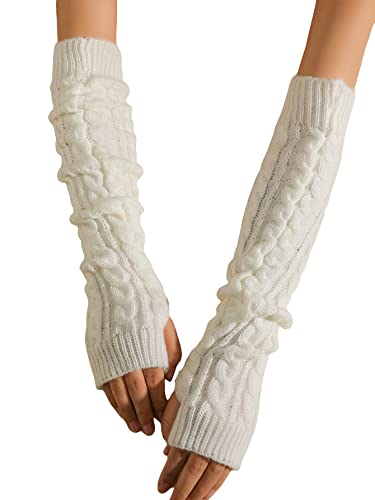 Verdusa Women's Knitted Arm Warmers Long Fingerless Gloves White one-size