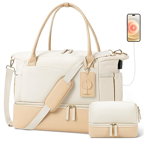 Gym Bag for Women, Canvas Duffle Bag with USB Charging Port, Weekender Overnight Bag with Wet Pocket and Shoes Compartment for Women, Travel, Gym, Yoga, Beige/Khaki