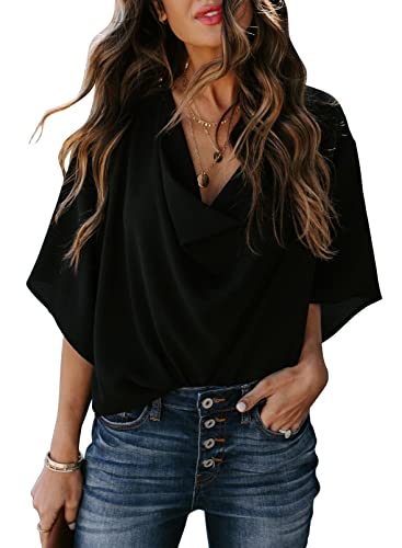 Dokotoo Womens Blouses and Tops Summer Short Sleeve V Neck Solid Color Womens Work Wrap Draped Front Business Casual Trendy Chiffon Shirts Dressy Top for Women Fashion 2024 Spring Clothes Black Medium