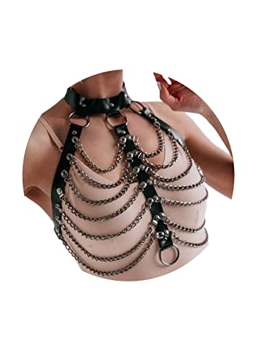 DRESBE Punk Layered Body Chains Black Leather Bra Chain Choker Bra Caged Harness Gothic Body Jewelry Accessories for Women