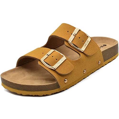 ONCAI Womens Comfortable Sandals Knock Off Clogs Sandals Women Dressy Summer Flat with Arch Support Two Strap Slip On Adjustable Buckle Slides Shoes for Women Yellow Size 9