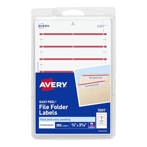 Avery File Folder Labels on 4' x 6' Sheets, Easy Peel, White/Red, Print & Handwrite, 2/3' x 3-7/16', 252 Labels (5201)
