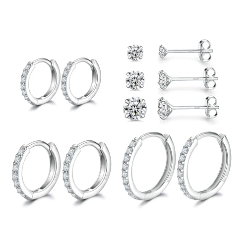 Sterling Silver Hoop Earrings | Sterling Silver Stud Earrings for Women - 6 Pairs Hypoallergenic Tiny Cubic Zirconia Stud Earrings Set & Cartilage Earring Hoops for Girl