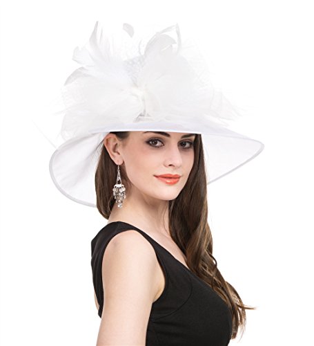 Saferin Women 's Wide Brim Tea Party Organza Church Kentucky Dress Tea Party Derby Hat White Feather Mesh Flower Free size