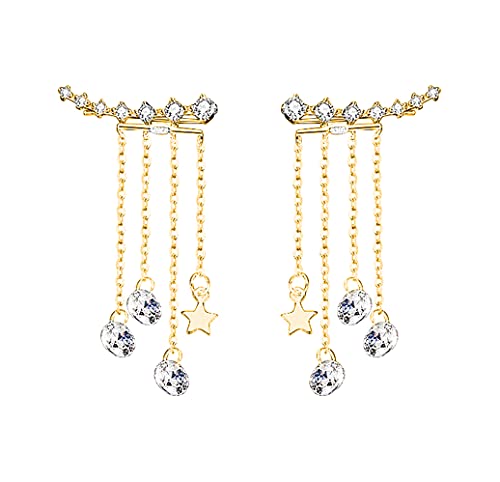SLUYNZ 925 Sterling Silver 7 Crystals Cuff Earrings Tassell Chain for Women Teen Girls CZ Crawler Earrings Chain Climber Earrings (C-Gold)