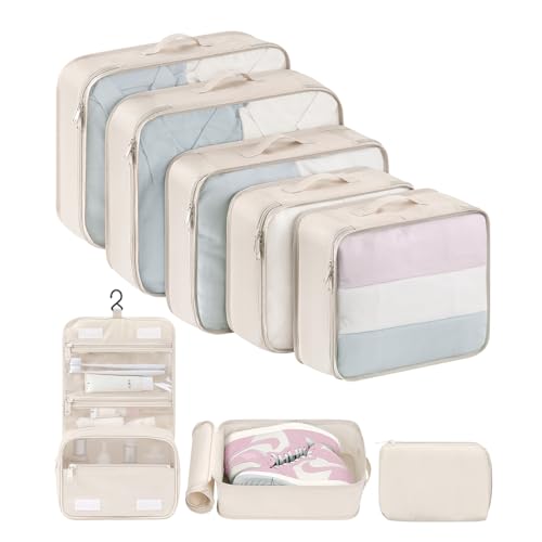 DIMJ Packing Cubes for Suitcase, 8 Pcs Packing Cubes for Travel Lightweight Travel Packing Organizers with Large Toiletries Bag (Beige)