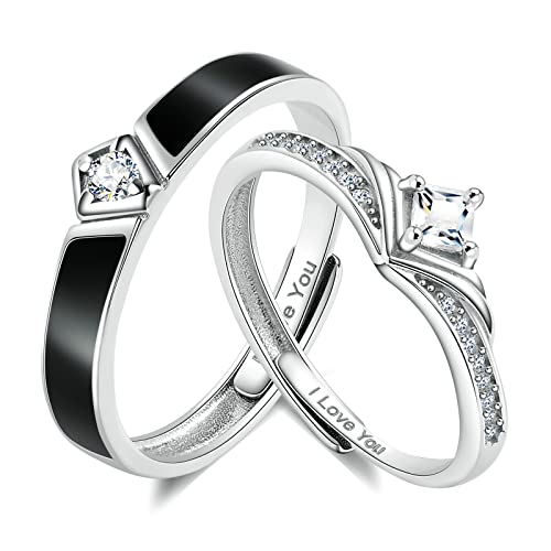 Promise Rings for Couples, Wedding Ring Sets for Him and Her S925 Sterling Silver Day and Night Adjustable Zirconia Matching Rings for BF and GF