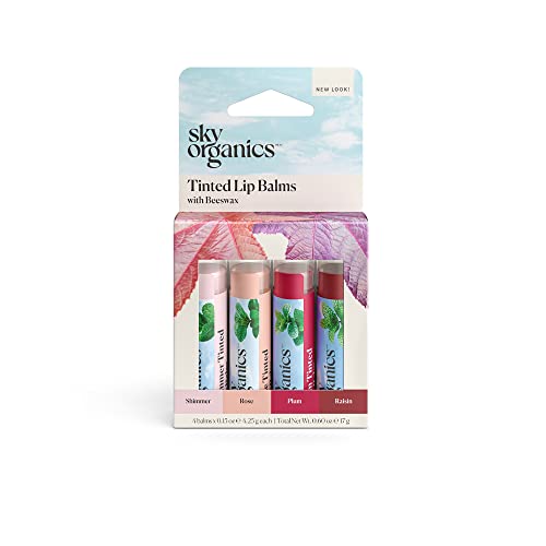 Sky Organics Tinted Lip Balms for Lips to Moisturize, Soften & Add A Wash of Color, Four Assorted Shades, 4pk.