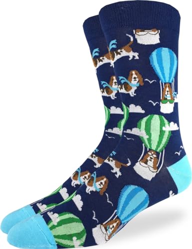 Good Luck Sock Men's Basset Hound in Air Balloon Dog Socks, Adult, Shoe Size 7-12