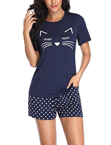 EISHOPEER Women's Pajama Set Cat Print Tops and Polka Dot Pants Shorts Pjs Sets Navy Blue M
