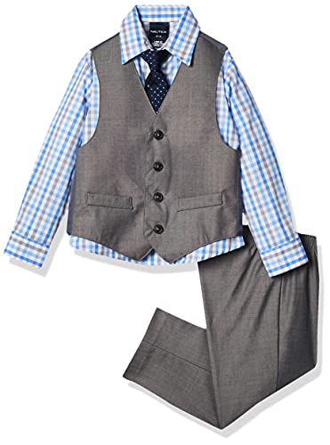 Nautica boys 4-piece Vest Set With Dress Shirt, Bow Tie, Vest, and Pants Suit, Light Gray, 5 US