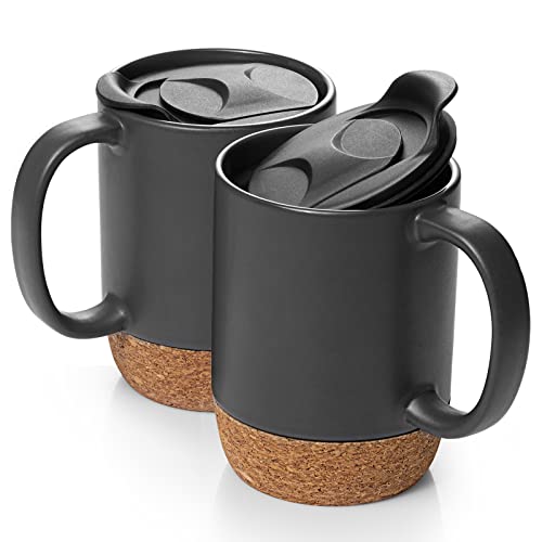 DOWAN Coffee Mugs, 15 oz Mug Set of 2 for Mothers Day Gifts, Large Ceramic Coffee Mug with Cork Bottom and Spill Proof Lid for Mom Dad, Big Mug for Coffee Latte Tea, Matte Grey