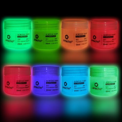 Artecho Glow in the Dark Paint - Set of 8 Colors, 20 ml / 0.7 oz Acrylic Paint for Decoration, Art Painting, Outdoor and Indoor Art Craft, Supplies for Canvas, Rock, Wood, Waterproof Rich Pigments