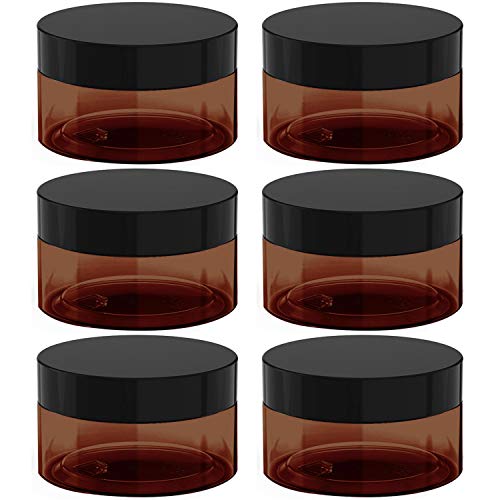8 oz Amber Plastic Cosmetic Jars Leak Proof Container with Black Lid for Cream, Lotion, Powder, ointment, Beauty Products etc, 6 Pcs.