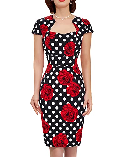 50s 60s Pin Up Vintage Dress Knee Length Rose Pattern Pencil Dress for Cocktail