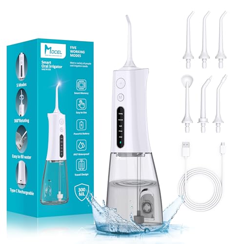 Water Dental Flosser Cordless Teeth Cleaning MOCEL 5 Modes Oral Irrigator 300ML Portable and USB C Cable Rechargeable IPX7 Waterproof Flossing Teeth Pick Irrigation Cleaner for Home Travel (White)