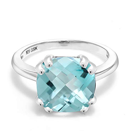 Gem Stone King 925 Sterling Silver Sky Blue Topaz Double Prong Ring For Women (4.65 Cttw, Cushion Checkerboard 10MM, Gemstone Birthstone, Available in size 5, 6, 7, 8, 9)
