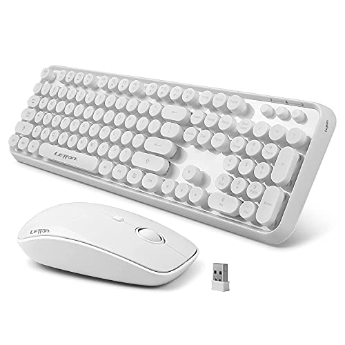 Wireless Keyboard Mouse Combo, 2.4GHz White Wireless Keyboard Typewriter, Letton Full Size Office Computer Retro Keyboard and Optical Cute Mouse with 3 DPI for Mac PC Desktop Laptop