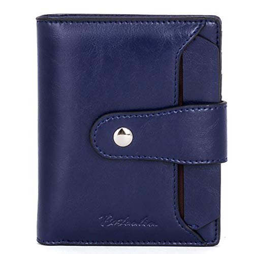 BOSTANTEN Women Leather Wallet RFID Blocking Small Bifold Zipper Pocket Wallet Card Case Purse with ID Window Navy Blue