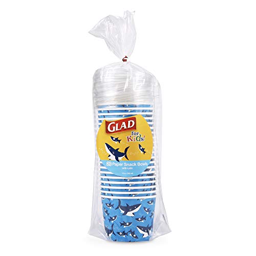 Glad for Kids Shark Snack Bowls - Heavy Duty Disposable 12oz Paper Snack Bowls with Lids, Shark Party Supplies, Party Plates for Birthday Parties, 20 Ct Kids Paper Plates