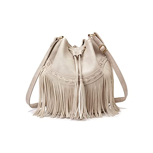 Leather Bucket Bags for Women Crossbody Fringe Purses with Drawstring Ladies Tassel Hobo and Shoulder Handbags White