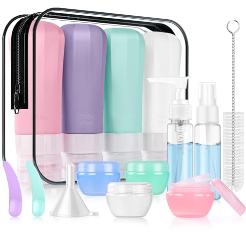 JBYAMUS 16 Pcs Silicone Travel Bottles Set, Leak-Proof Travel Size Toiletries, TSA Approved Travel Bottles for Toiletries, Portable Travel Toiletries Containers for Women (Pink-Purple)