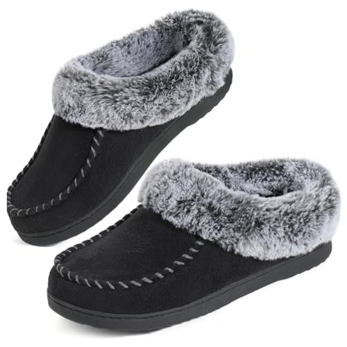 ULTRAIDEAS Women's Memory Foam House Slippers with Hard Bottom, Fur Lined House Shoes with Non-Slip Rubber Sole for Indoor & Outdoor (Black, 7-8)