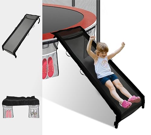 Eurmax USA Universal Easy-to-Assemble Trampoline Slide Ladder, Heavy Duty Steel Trampoline Accessory Slide for Kids Climb Up&Slide Down/Black with Shoes Pocket