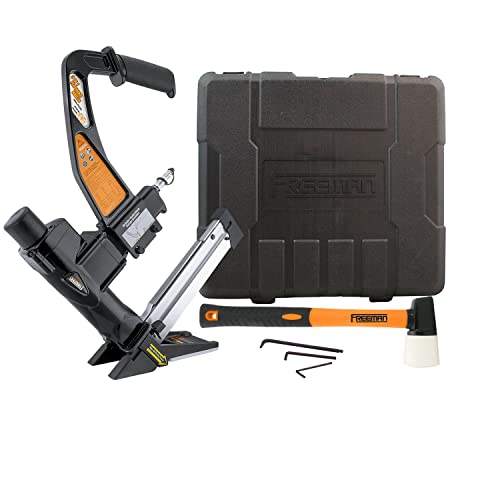 Freeman PFL618BR Pneumatic 3-in-1 15.5-Gauge and 16-Gauge 2' Flooring Nailer / Stapler with Flooring Mallet, Interchangeable Base Plates, and Case