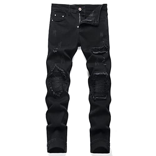 OIIIO Men's Ripped Biker Slim Fit Patch Hot Drilling Jean (40, Black-6601)
