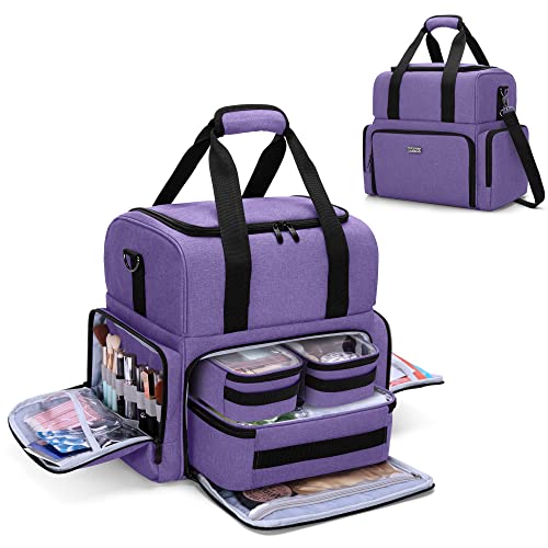 BAFASO 2 Layers Large Travel Makeup Bag with 3 Inner Removable Pouches, Hair Bag Cosmetic Bag Tattoo Carrying Case with Detachable Dividers (Patent Pending), Purple