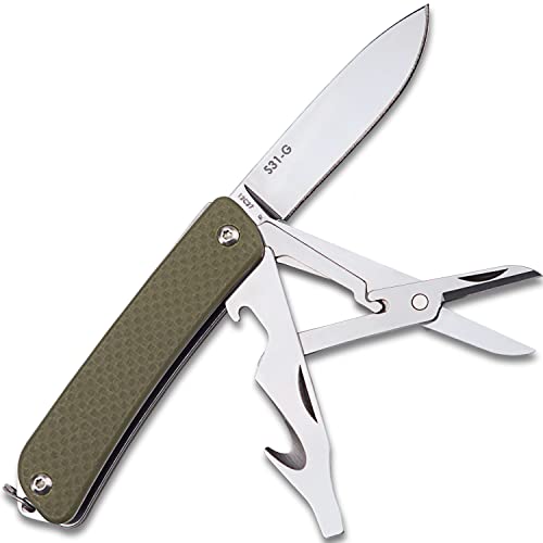 Ruike Keychain Small Pocket Knife,Folding 6 in 1 Multitool,12C27 Steel Stainless,G10 Handle,Mini EDC Tactical Camping Army Tac Survival Hunting Gear,Key Compact Scissors,Screwdriver,Bottle Opener Tool