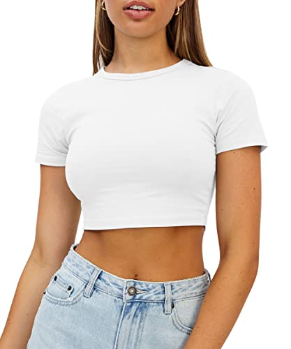 WYNNQUE Crop Tops for Women 2024 Cute Trendy Basic Going Out Tops Casual Summer Short Sleeve T Shirts Baby Tees Cropped Y2k Tops Spring Short Sleeve Tops Teen Girls Clothes White