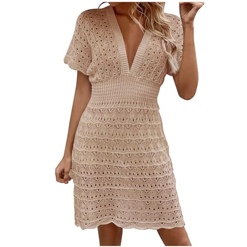 Open Box Deals, Womens Crochet Coverup Dress 2024 Sexy Cap Sleeve V Neck Sundress Sexy Summer Beach Swimsuit Cover Ups Mini Dresses