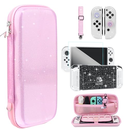 HYPERCASE Pink Glitter Carrying Case Compatible with Nintendo Switch OLED, Portable Travel Storage Case with Clear Switch OLED Protective Cover, Screen Protector, Shouder Strap & 2 Thumb Caps