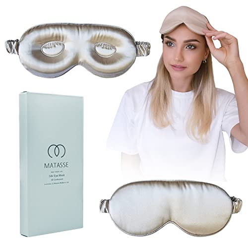 MATASSE 22 Momme Mulberry Silk Eye Sleeping Mask with Adjustable Strap- 3D Contoured Eye Mask for Sleeping, Eye Cover Sleep Mask w/Silk Covered Strap for Women, Men, Genuine Mulberry Silk, Champagne