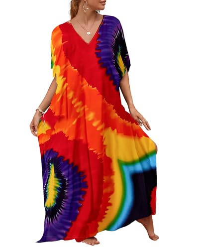 Bsubseach Loose Beach Cover Up Short Sleeve Mrs Roper Caftan Casual Kaftan Dress for Women Swimsuit Coverup Rainbow