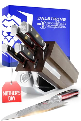 DALSTRONG Knife Block Set - 5 Piece - Shogun Series ELITE - AUS-10V High-Carbon Japanese Steel - Black G10 Handles - Acacia Wood - Damascus - Kitchen Knife Set with Block - Professional Cutlery Set