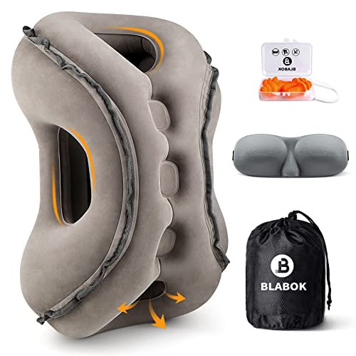 Inflatable Travel Pillow,Multifunction Travel Neck Pillow for Airplane to Avoid Neck and Shoulder Pain,Support Head,Neck,Used for Sleeping Rest, Airplane and Home Use,with Eye Mask, Earplugs,Gray