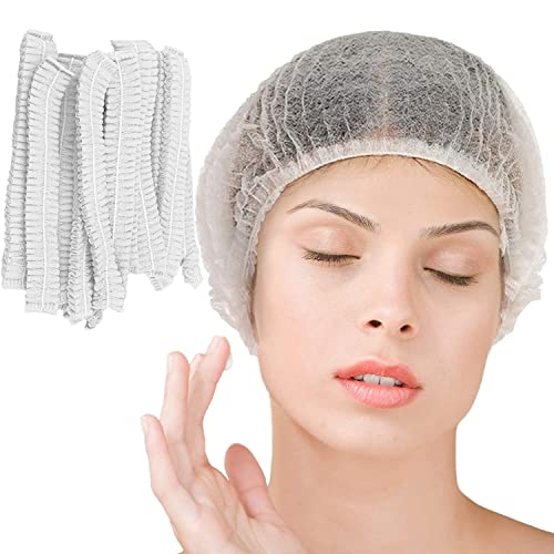Disposable Bouffant Caps 100 Pcs,21inches Hair Net， Elastic Dust Cap for Food Service, Kitchen Head Cover (White)