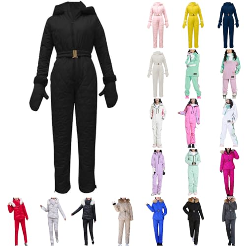 Lightning Deals Clearance Snow Suits for Women Hooded Fur Collar Ski Outfits Outdoor Sports Waterproof Snowsuit Winter Thick Jumpsuit Ski Suit Snowsuit Women Adult