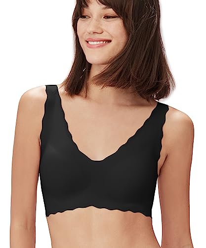 Ubras Women's OneSize Wireless Seamless Fixed Pad Vest Bras Deep V Wavy Edge Sexy Comfort (Black)