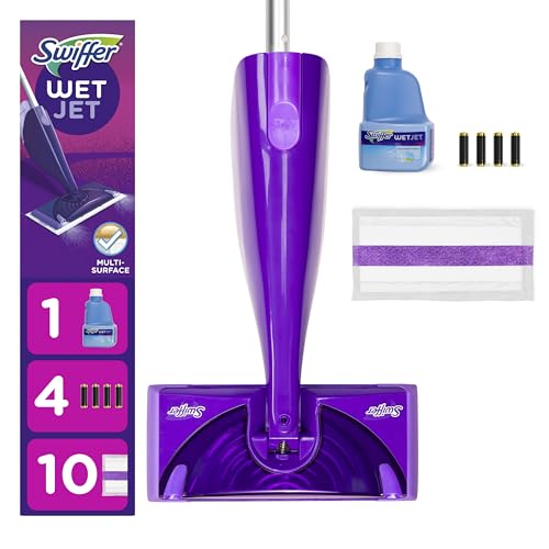 Swiffer WetJet Hardwood and Floor Spray Mop, All-in-One Mopping Cleaner Starter Kit, includes: 1 WetJet, 10 Pads, 1 Cleaning Solution & 4 Batteries