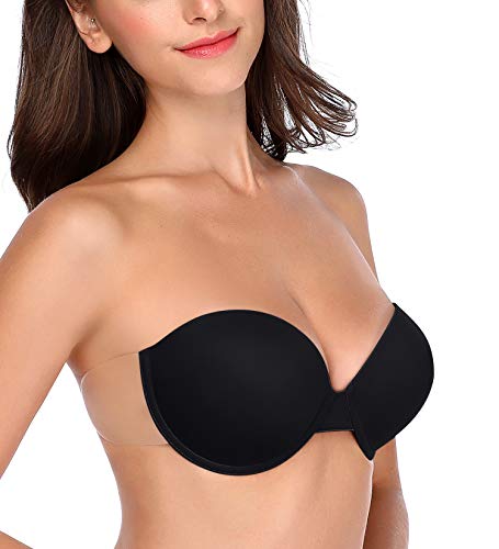 HANSCA Women’s Backless Strapless Push Up Bra Thick Padded Sticky Underwired Self Adhesive Bras(Black Color, Cup DD)