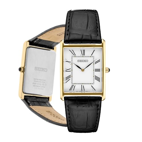 SEIKO SWR052 Watch for Men - Essentials - Water Resistant with Gold-Tone Stainless Steel Rectangular Case, White Dial with Roman Numerals, and Black Leather Strap