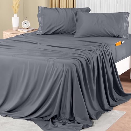 Utopia Bedding Queen Sheet Set, Soft Microfiber Queen Size Bed Sheets Set, 4 Pcs Hotel Luxury Queen Sheets Deep Pockets, Embroidered Pillow Cases, Side Storage Pocket Fitted Sheet, Flat Sheet (Grey)