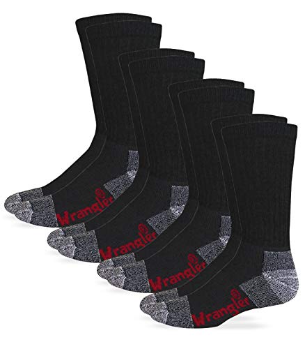 Wrangler Men's Steel Toe Boot Work Crew Cotton Cushion Socks 4 Pair Pack, Black, Large