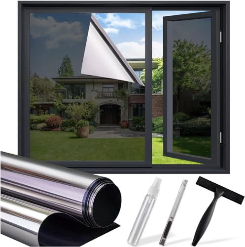 One Way Window Privacy Film: Home Window Tint Reflective Window Film See Out Not in Sun Blocking Anti UV Mirror Window Clings Daytime Privacy Door Window Covering with 3 Tools, 17.5 * 78.7 Inch